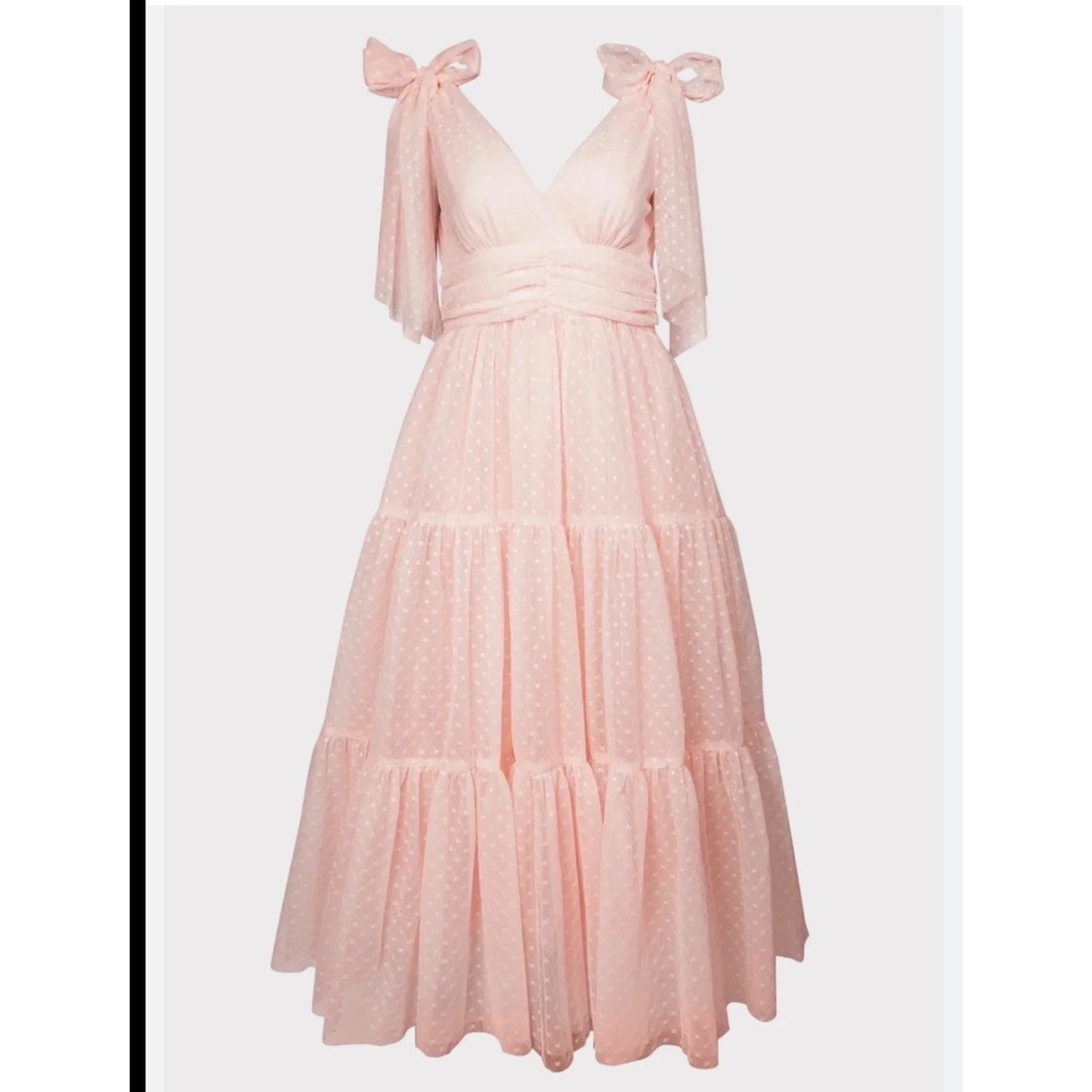 JessaKae Jeanne Pastel Pink Swiss Dot Tulle Bow Tiered Maxi Dress Woman's XS NWT